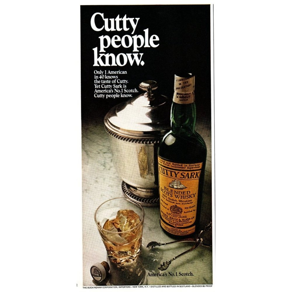 1970 Cutty Sark Scotch Vintage Print Ad Ice Bucket Rocks Glass Wall Art Photo